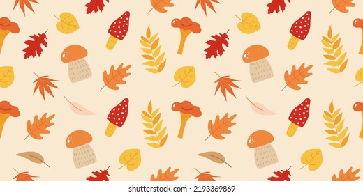 Vector seamless pattern of autumn mushroom, leaves