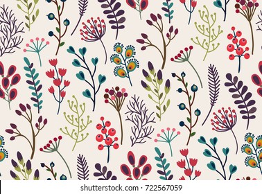 Vector seamless pattern with autumn nature elements, fall beautiful bright leaves, flowers, branches, berries. Colorful endless background.