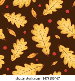 Vector seamless pattern with autumn oak leaves and red berries on dark brown background. Nature design for fabric, wallpaper, textile, web design.