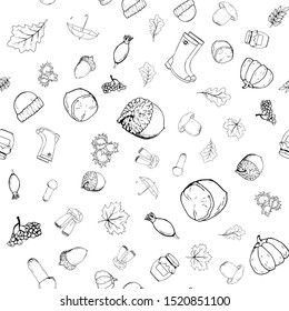 Vector seamless pattern with autumn objects. Linear monochrome hand-drawn illustration in cartoon style.