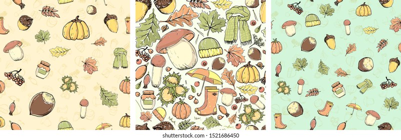 Vector seamless pattern with autumn objects. Multicolored hand drawn illustration in cartoon style.