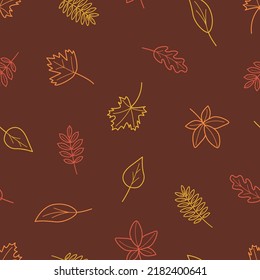 Vector seamless pattern with autumn outline leaves of different trees