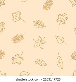 Vector seamless pattern with autumn outline leaves of different trees