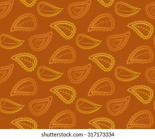 Vector seamless pattern with autumn outline leaves of different trees on a dark background / Leaves pattern/ Yellow leaves/ Different leaves/ Abstract leaves/ Orange leaves/ Seamless background