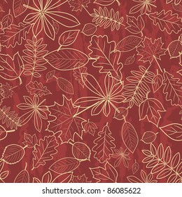 Vector seamless pattern with autumn outline leaves on the red background.