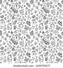Vector seamless pattern with autumn plants, leaves, herbs, mushrooms and kettle of tea. Decorative illustration in doodle style . For design wallpaper, textile, fabric, wrapping paper, cover, card.