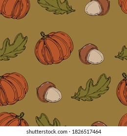 vector seamless pattern from autumn pumpkin,acorn and oak leaf,harvest season