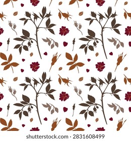 Vector seamless pattern with autumn rosehip branches, brown leaves, and burgundy flowers on white background. Botanical print for wrapping paper.