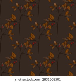 Vector seamless pattern with autumn rosehip branches, golden leaves, and red berries on dark background. Botanical floral print for gift packaging.