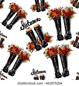 Vector seamless pattern with autumn rubber boots and leaves bouquet. Background for decoration seasonal celebration, greeting card and banner. Hand drawn symbols on white backdrop.