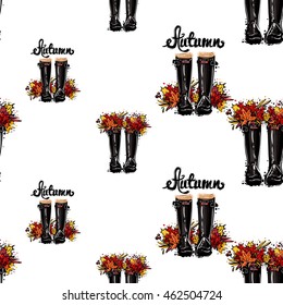 Vector seamless pattern with autumn rubber boots and leaves bouquet. Background for decoration seasonal celebration, greeting card and banner. Hand drawn symbols on white backdrop.