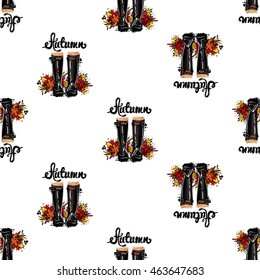 Vector seamless pattern with autumn rubber boots and leaves. Background for decoration seasonal celebration, greeting card and banner. Hand drawn symbols on white backdrop.