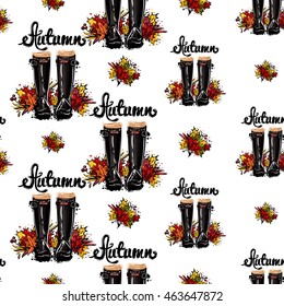Vector seamless pattern with autumn rubber boots and leaves and autumn leaves bouquet. Background for decoration seasonal celebration, greeting card and banner. Hand drawn symbols on white backdrop.