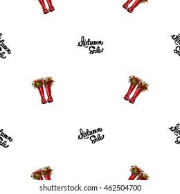 Vector seamless pattern with autumn sale lettering and red hunter boots and leaves. Background for decoration seasonal celebration, greeting card and banner. Hand drawn symbols on white backdrop.