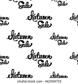 Vector seamless pattern with autumn sale lettering. Background for decoration seasonal celebration, greeting card and banner. Hand drawn symbols on white backdrop.