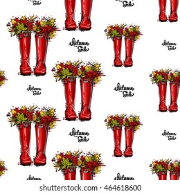 Vector seamless pattern with autumn sale lettering and red hunter boots and leaves. Background for decoration seasonal celebration, greeting card and banner. Hand drawn symbols on white backdrop.