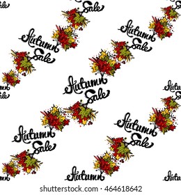 Vector seamless pattern with autumn sale lettering and leaves. Background for decoration seasonal celebration, greeting card and banner. Hand drawn symbols on white backdrop.