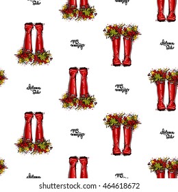 Vector seamless pattern with autumn sale lettering and red hunter boots and leaves. Background for decoration seasonal celebration, greeting card and banner. Hand drawn symbols on white backdrop.
