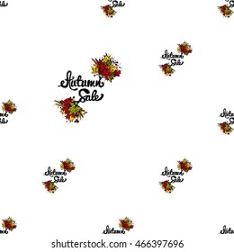Vector seamless pattern with autumn sale lettering and leaves. Background for decoration seasonal celebration, greeting card and banner. Hand drawn symbols on white backdrop.