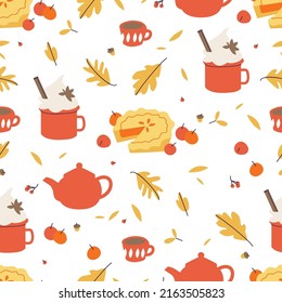 Vector Seamless Pattern With Autumn Seasonal Pie And Apples, Foliage. Spicy Latte In Red Cup And Tea Pot