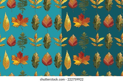 Vector seamless pattern with autumn set leaves. Background with  aspen; alder; elm; willow; maple; oak; Potentilla. eps 10