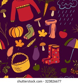 Vector seamless pattern with autumn symbols. Colorful hand drawn doodle objects on dark violet background.
