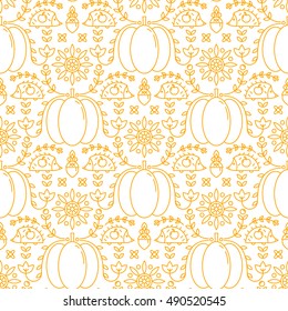 Vector seamless pattern with autumn symbols - pumpkin, hedgehog, apple, acorn. Cute ornate background in trendy linear style