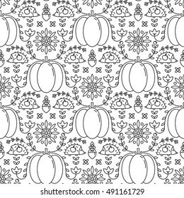 Vector seamless pattern with autumn symbols - pumpkin, hedgehog, apple, acorn. Cute ornate background in trendy linear style