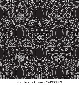 Vector seamless pattern with autumn symbols - pumpkin, hedgehog, apple, acorn. Cute ornate background in trendy linear style