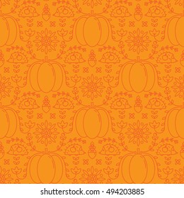 Vector seamless pattern with autumn symbols - pumpkin, hedgehog, apple, acorn. Cute ornate background in trendy linear style
