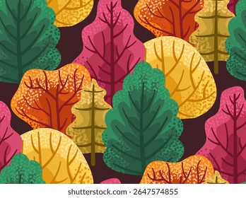 Vector seamless pattern with autumn trees, in cartoon  flat style