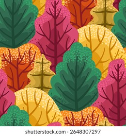 Vector seamless pattern with autumn trees, in cartoon  flat style