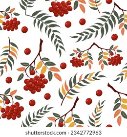 Vector seamless pattern, autumn twigs with yellow leaves and rowan berries.
