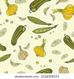 Vector seamless pattern of autumn vegetables on a yellow background.