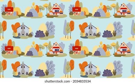 Vector seamless pattern. Autumn village, houses, landscape, cottages, trees.