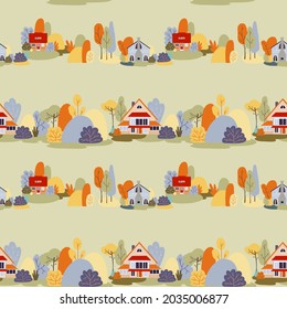 Vector seamless pattern. Autumn village, houses, landscape, cottages, countryside 