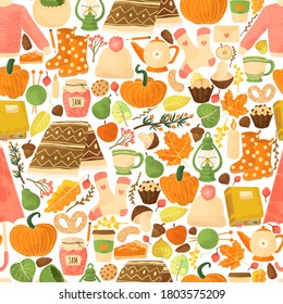 Vector seamless pattern with autumns cozy object and falls leaves and floral. Bright repeated texture for fall season. Wrapping paper. Harvest time. Autumn background on light background.