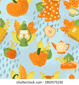 Vector seamless pattern with autumns cozy object and falls leaves and floral. Bright repeated texture for fall season. Wrapping paper. Harvest time. Autumn background on light background.