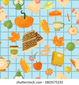 Vector seamless pattern with autumns cozy object and falls leaves and floral. Bright repeated texture for fall season. Wrapping paper. Harvest time. Autumn background on light background.