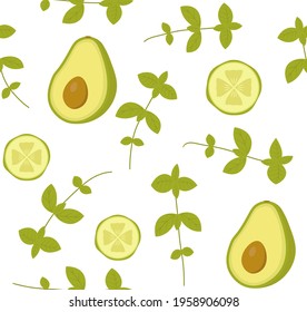 Vector seamless pattern with avocado, cucumber and basil. Perfect for wallpaper, background, wrapping paper or textile. Green vegetables and herbs on white background.
