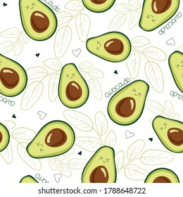 Vector seamless pattern with avocado fruit on a white background, with the word avocado, hearts, leaves