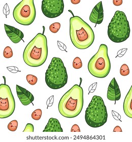 Vector seamless pattern with avocado fruit on a white background, kawaii style