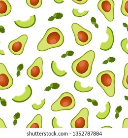 Vector seamless pattern with avocado - half an avocado and slices on white background, healthy breakfast, natural vegan food. Endless texture. Flat style. Illustration menu design