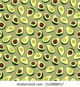 Vector seamless pattern of avocado halves, abstract background, wallpaper. Natural organic food illustration, juicy fruits