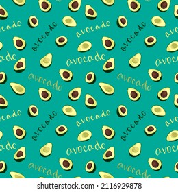 Vector seamless pattern of avocado halves, abstract background, wallpaper. Natural 
organic food illustration, juicy fruits. Pattern of avocado icons and inscriptions, text