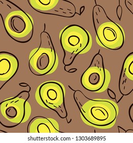 Vector seamless pattern with avocado in hand-drawn style. Natural, organic and healthy food. Good for product packaging, advertising poster, textile, wrapping paper, wallpaper, etc.