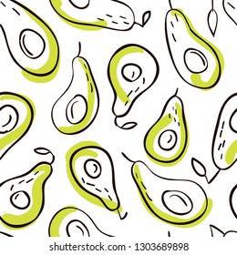 Vector seamless pattern with avocado in hand-drawn style. Natural, organic and healthy food. Good for product packaging, advertising poster, textile, wrapping paper, wallpaper, etc.