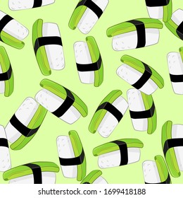 Vector seamless pattern with avocado nigiri sushi. Beautiful food design elements.
