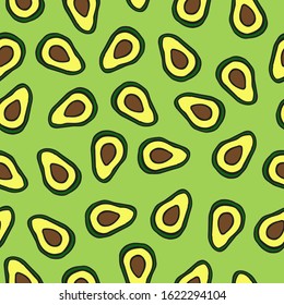 vector seamless pattern with avocado on a green background. can be used as a print, textile design, packaging paper, or background.