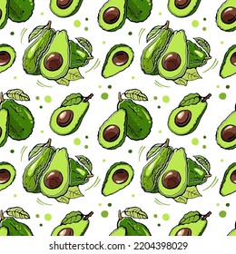 Vector seamless pattern with avocado on a white background. Vegan food illustration.